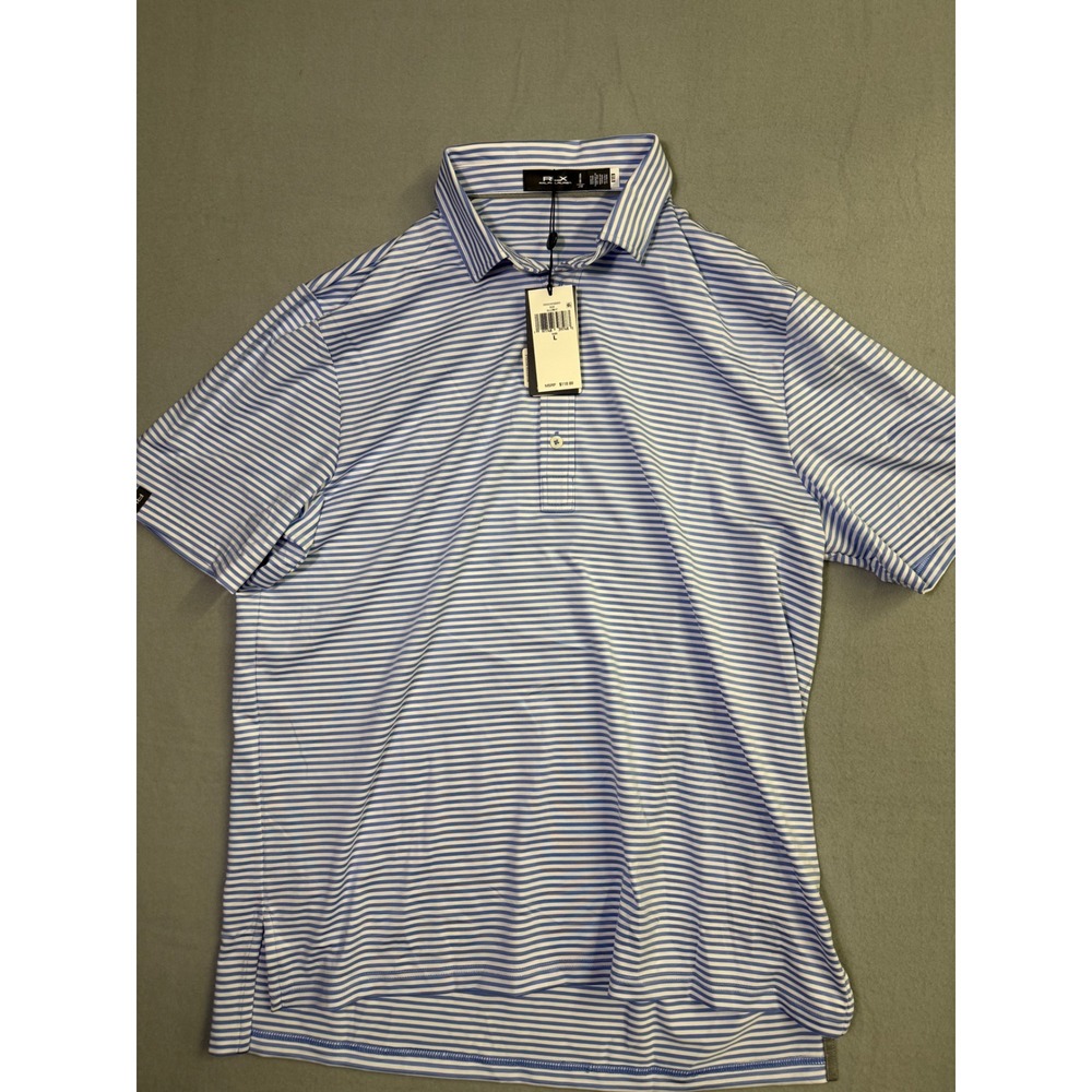 New RLX Ralph Lauren Mens L Blue White Striped Performance Golf Polo Shirt
